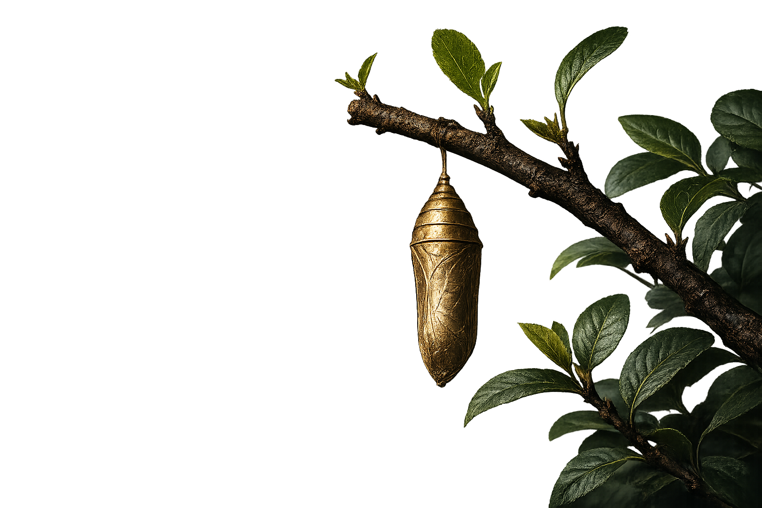 Gold chrysalis on branch — PINTAARA The Butterfly